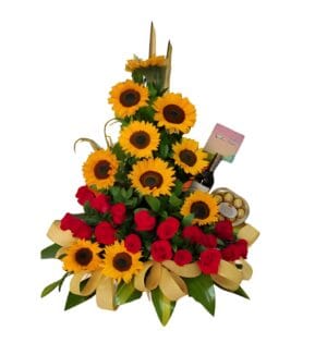 Arreglo 10 girasoles, rosas, vino y chocolates ferrrero R116